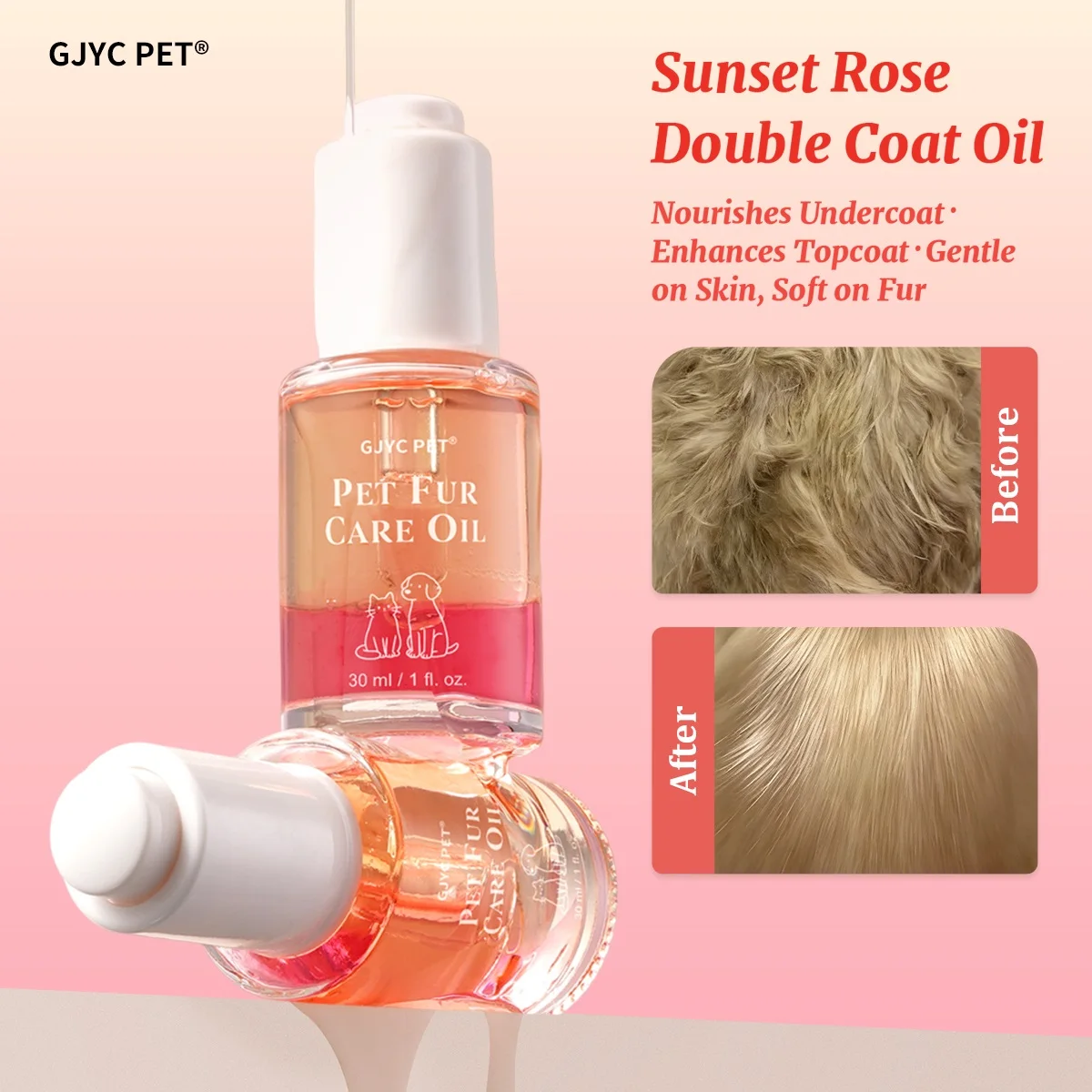 Aceite para el Pelo de Perros y Gatos Sunshine Rose Pet Coat, Seguro para Lamer, Suave, Nutritivo, Desenredante, Anti-Frizz, Alisador, Sedoso y Brillante para Todas las Razas