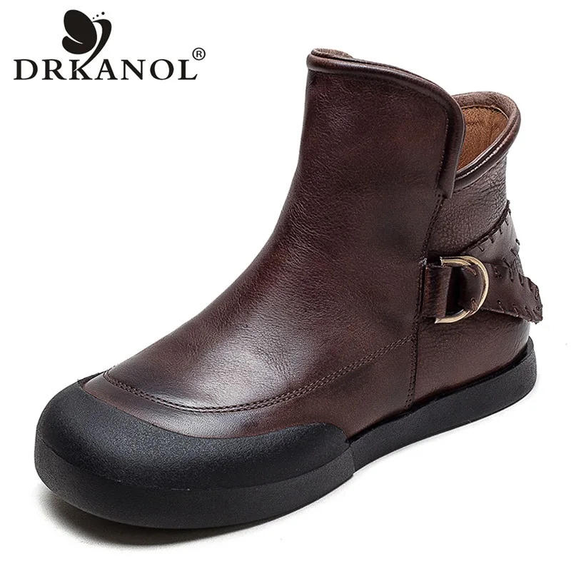 DRKANOL Handmade Retro Ankle Boots For Women 100% Genuine Leather Literary Style Flat Zipper Soft Comfort Casual Women Boots