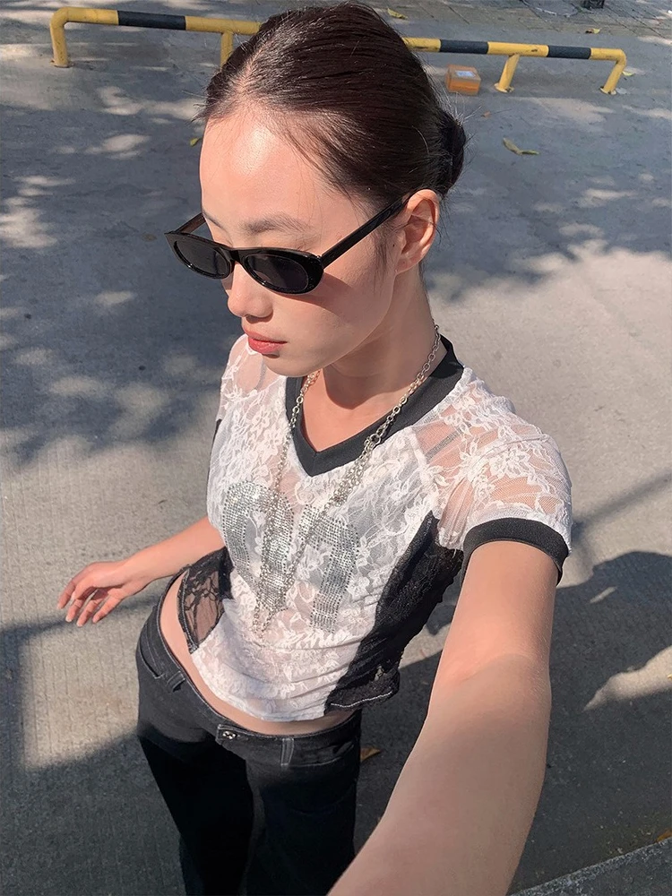 

Уличная одежда, кружевные жаккардовые сказочные футболки Y2k, эстетичная лоскутная прозрачная футболка в стиле гранж, винтажные облегающие топы с бриллиантами в стиле Харадзюку