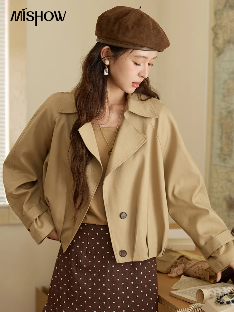 

MISHOW Cotton Trench for Women 2025 Autumn Khaki Handmade Pleated Short Jacket Lapel Two Buttons Trench Office Lady MXE43W0804