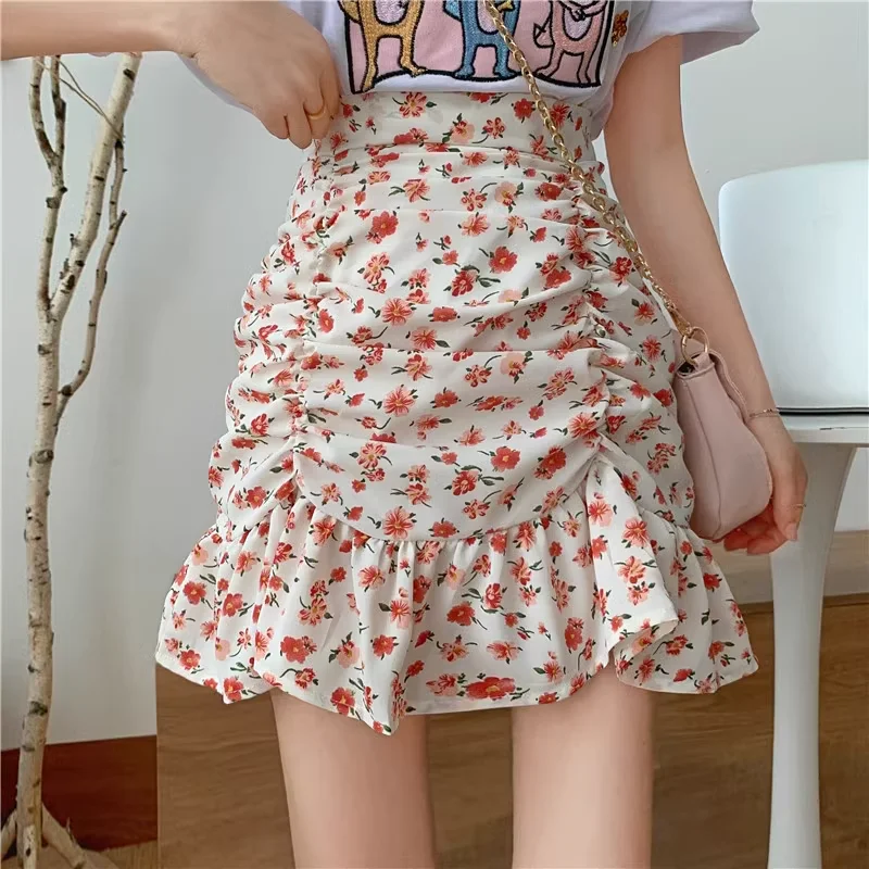 

Floral Ruffle Fishtail Mini Skirt Women Summer Sweet High Waist Pleated Chiffon A-line Skirts Korean Gentle Print Skort