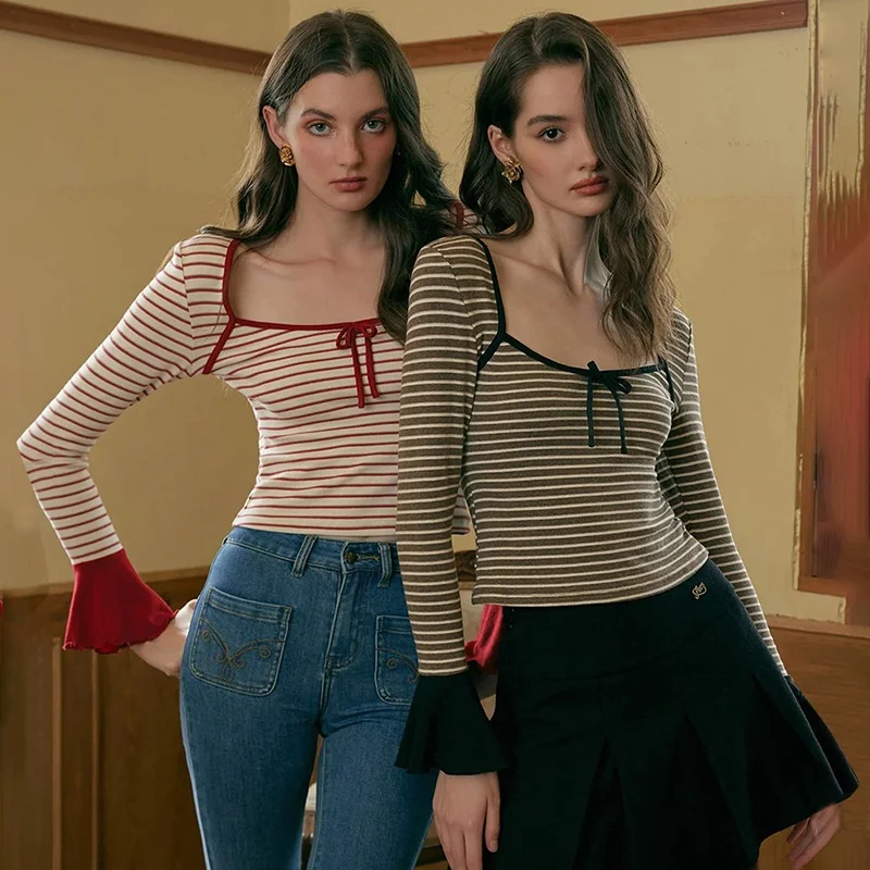 

Striped Blouse Women's ort Svel Top Knot Square Collar Long Sve T-irt Sexy Sle Polyester Fabric