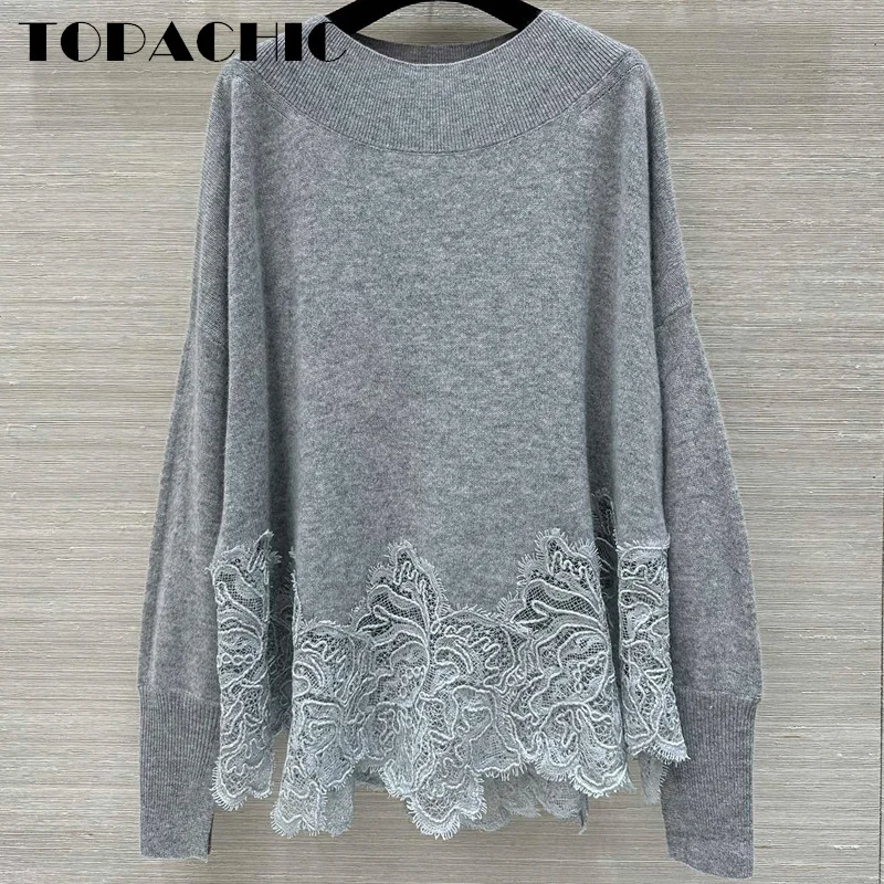 9.25 TOPACHIC-Women Lace Embroidered Spliced Cashmere Knitwear Personality Elegant Slash-neck Cuff Split Loose Pullover Sweater