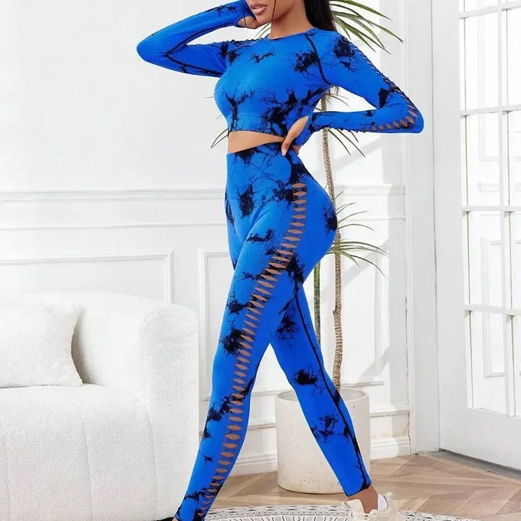 Sporty Woman Gym  Push Up Tie Dye Yoga Suits Fitness Clothes Hollow Out Training Tracksuit Sportswear 2 Piece Workout Set Women
