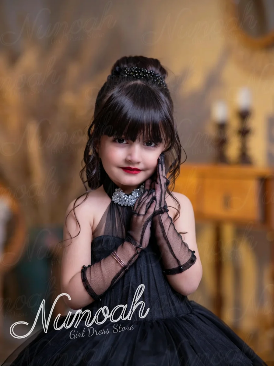 Customized Black Tulle Flower Girl Dresses for Wedding Bow Backless Sleeveless Baby Kids Birthday Party First Communion Gown