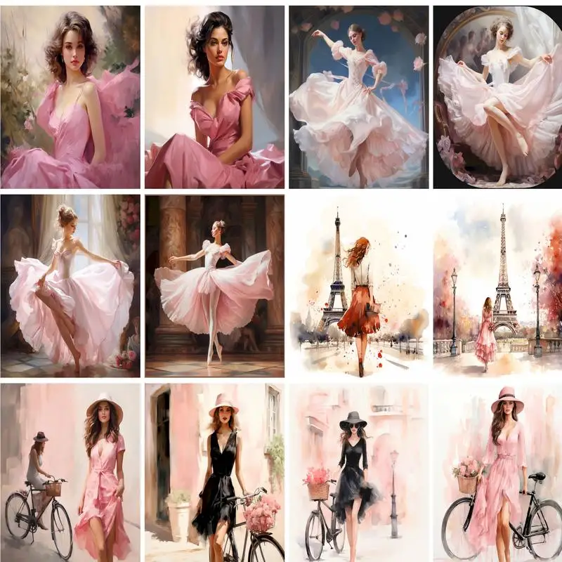 GATYZTORY 60x75cm Malen nach Zahlen Kits Rosa Kleid Frauen Figur Ölfarben Acryl Leinwand Home Schlafzimmer Wand Kunsthandwerk Bild