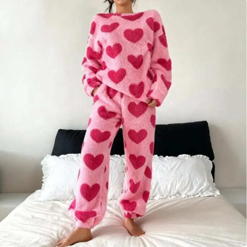 

Winter Coral Fleece Flannel Heart Print Long Sleeve Pajama Set Cute Sweet Homewear For Women Girls Cozy Sleepwear Loungewear