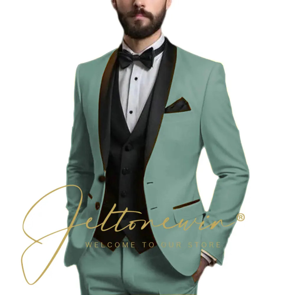 Sky Blue Shawl Lapel Casual Tuxedos For Wedding Groomsmen Suits Men 2024 (Blazer+Vest+Pants) Mens Suits 3 Pcs