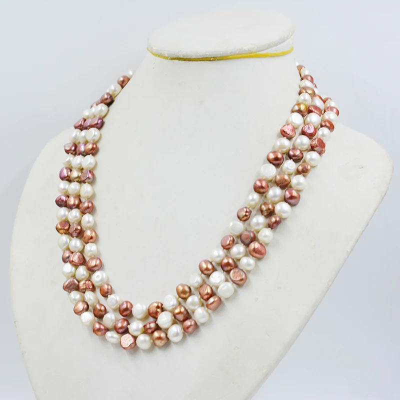 3row 8-9MM natural cultured freshwater baroque pearl necklace. Luxury women's wedding jewelry