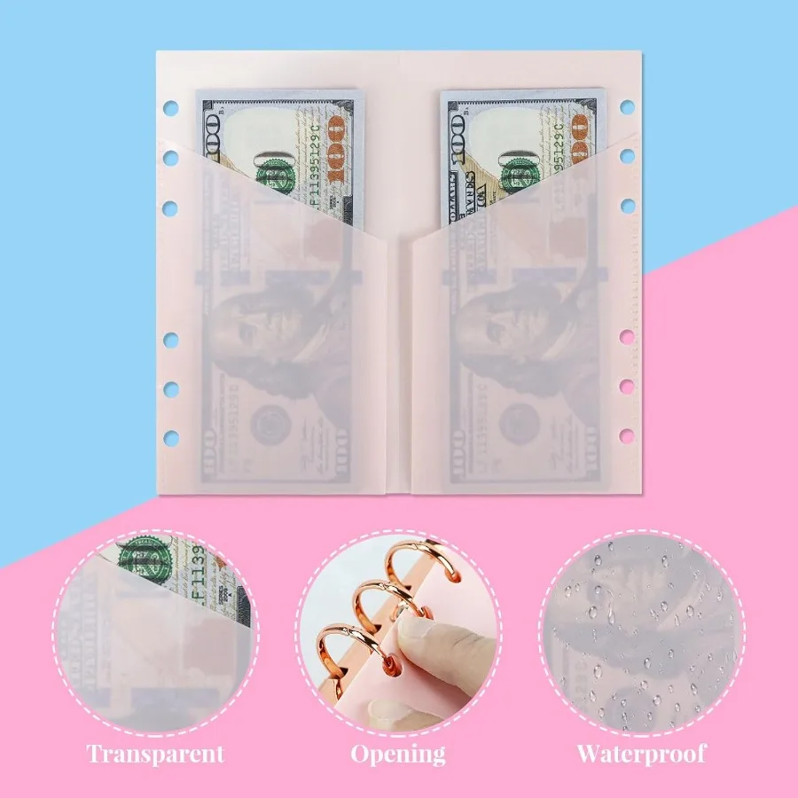 10 قطعة A6 الموثق المغلفات النقدية 6 ثقوب فتح جيوب الموثق A6 إدراج مع 2 جيوب لوضع الميزانية المال الموثق إدراج الوصول #2