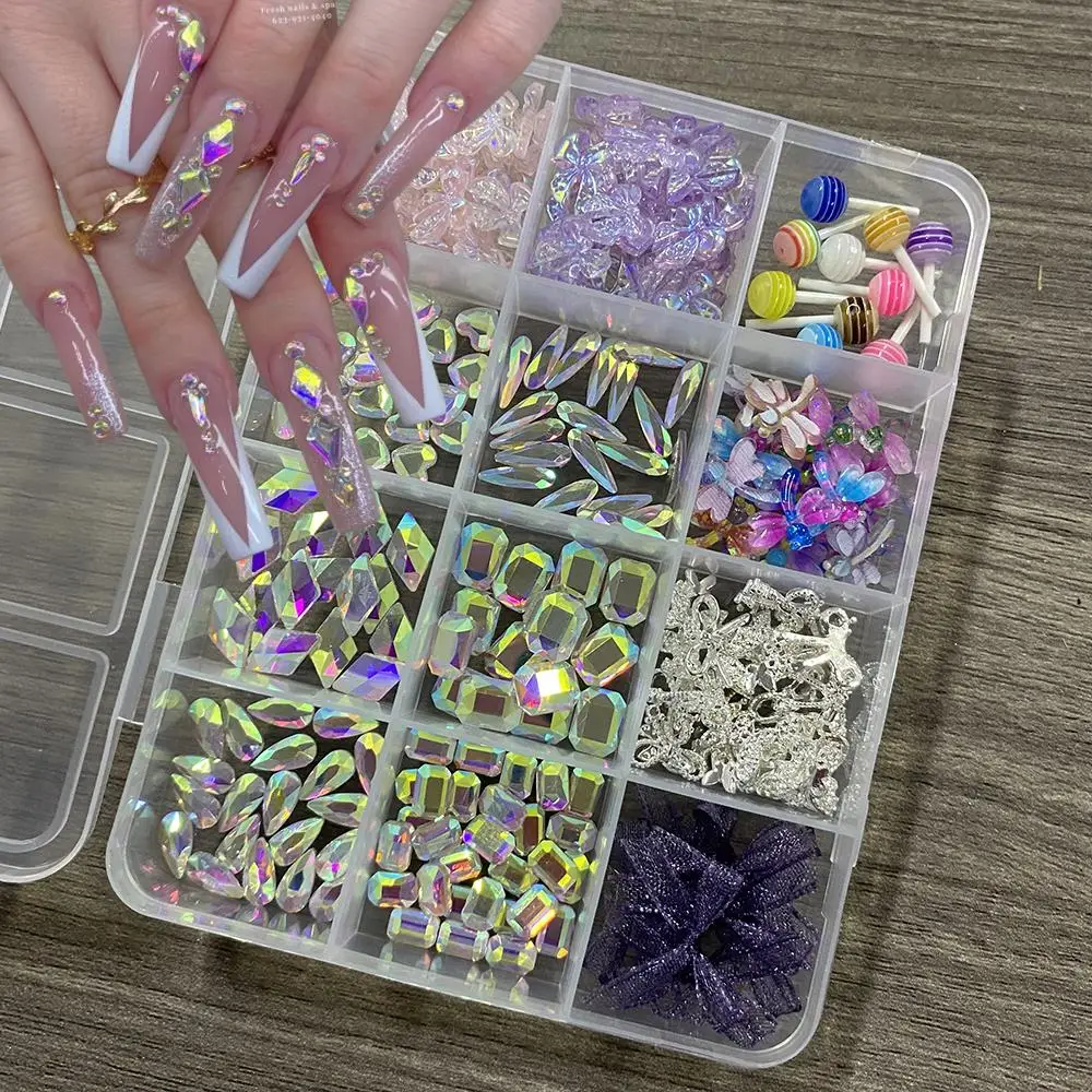 12Grids Mixed AB Rhinestone Dragonfly Bow Nail Charms Butterfly Ribbon Lollipop Nail Art Decorations DIY Manicure Accessories &