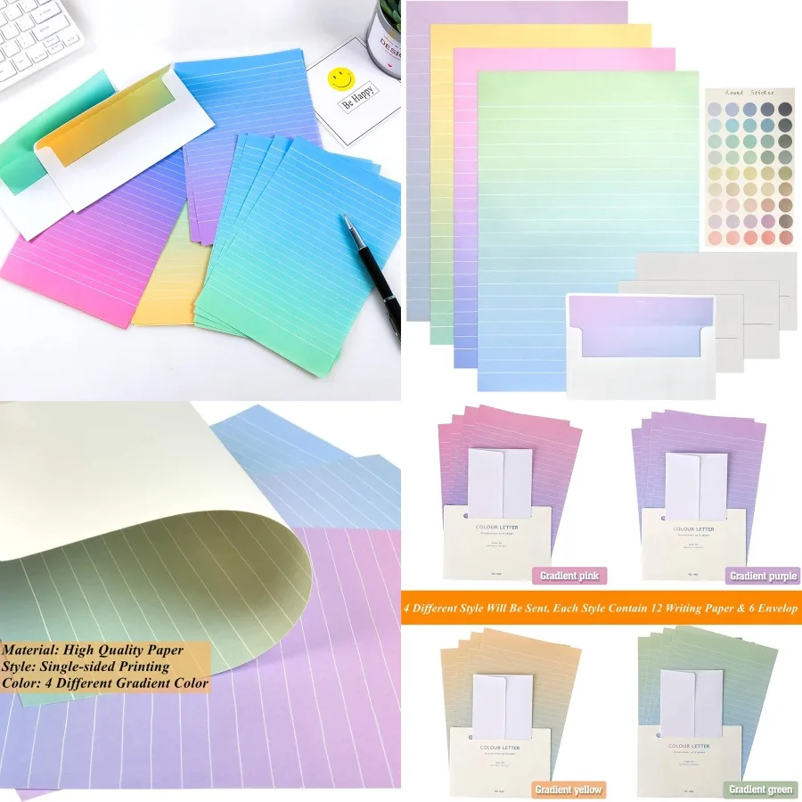 مجموعة 48 قطعة من الورق والمغلفات الورقية الملونة مع 32 ورقة كتابة الحروف المبطنة و16 ظرفًا وملصقاتًا في شركة Gradient Co