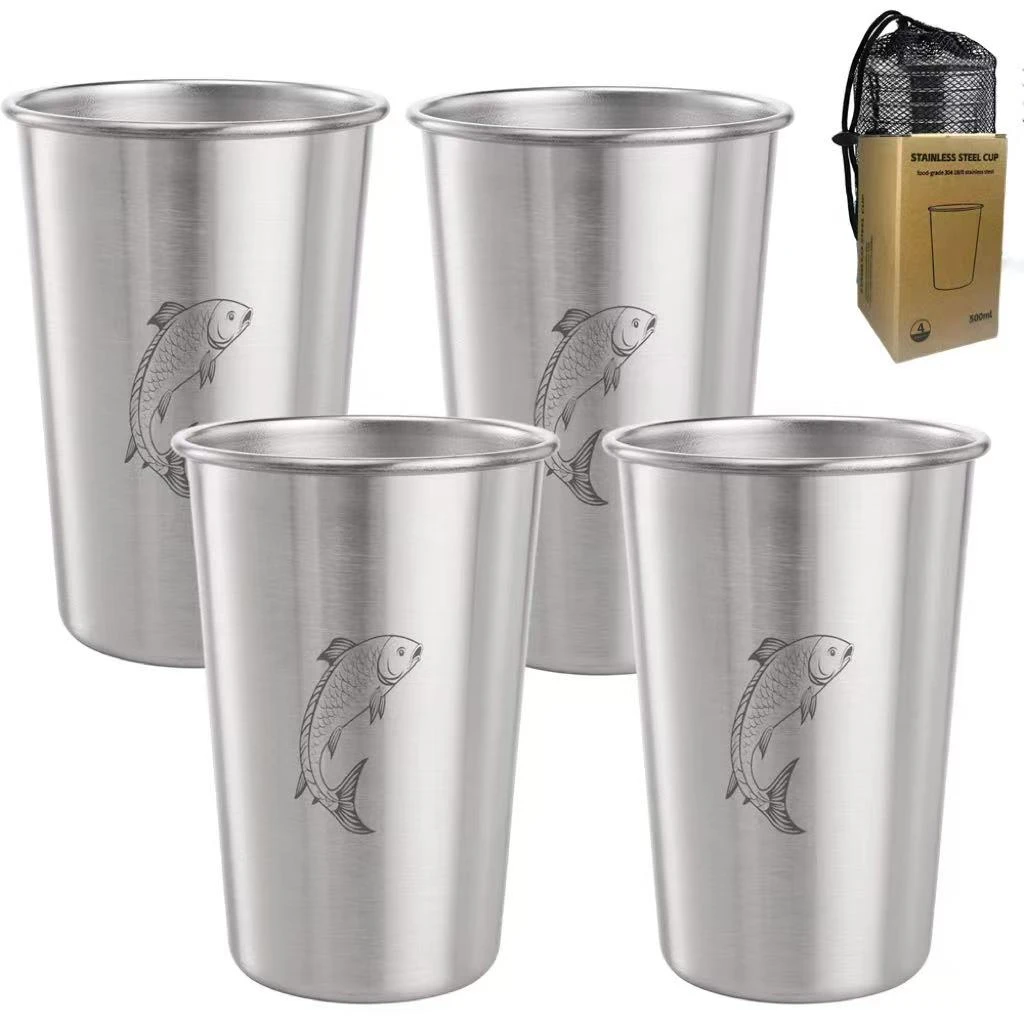 4 Pack Stainless Steel Cups 500ml Single Layer Camping Mug with Mesh Bag Stackable Metal Cold Drink Cups for Hikes Outdoor Party