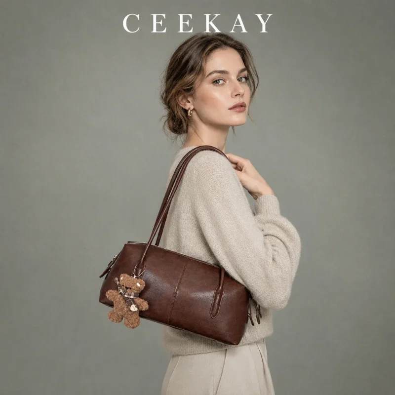 CEEKAY Textured Leather Long Bag Twin Strap Zip Top Bear Charm All-Match Daily Wear Roomy Elegant Classic Handbag for Women