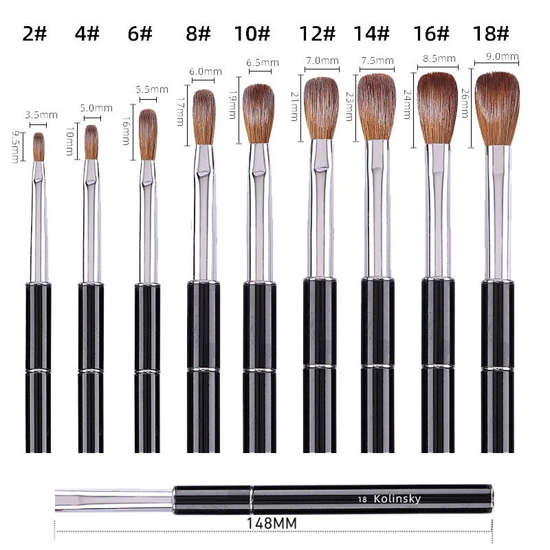 100% Kolinsky Acrylic Nail Brush Oval Crimped Black Metal Handle Professional Good Quality for Acrylic Powder Size 2-18