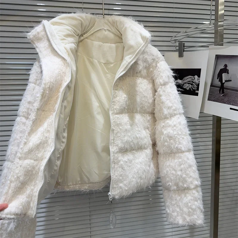 Zimowa damska nowa beżowa krótka kurtka puchowa Ciepłe parki Moda zroszony kwiat stojak kołnierz długi rękaw damski płaszcz puchowy Streetwear