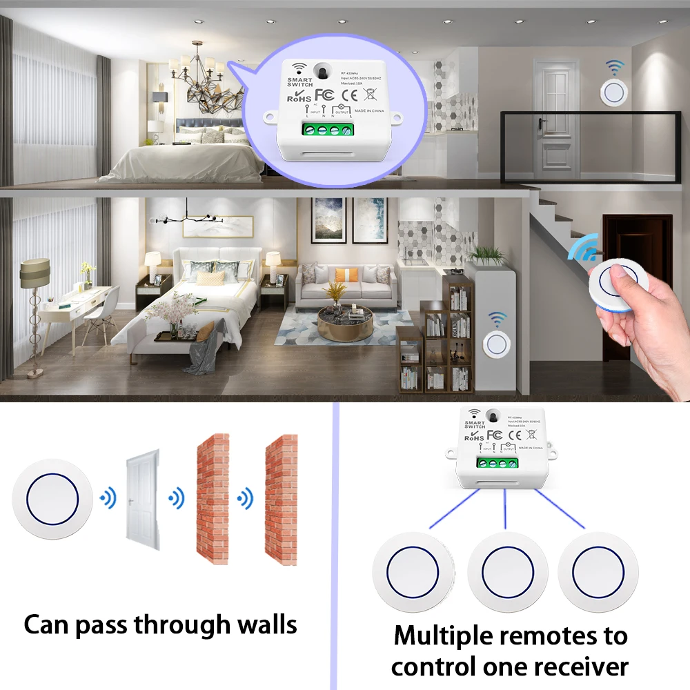 Wireless Remote Control Light Switch RF433MHz 10A 220V 110V Relay Receiver Mini Round Button Wall Panel Switch for Home LED Lamp