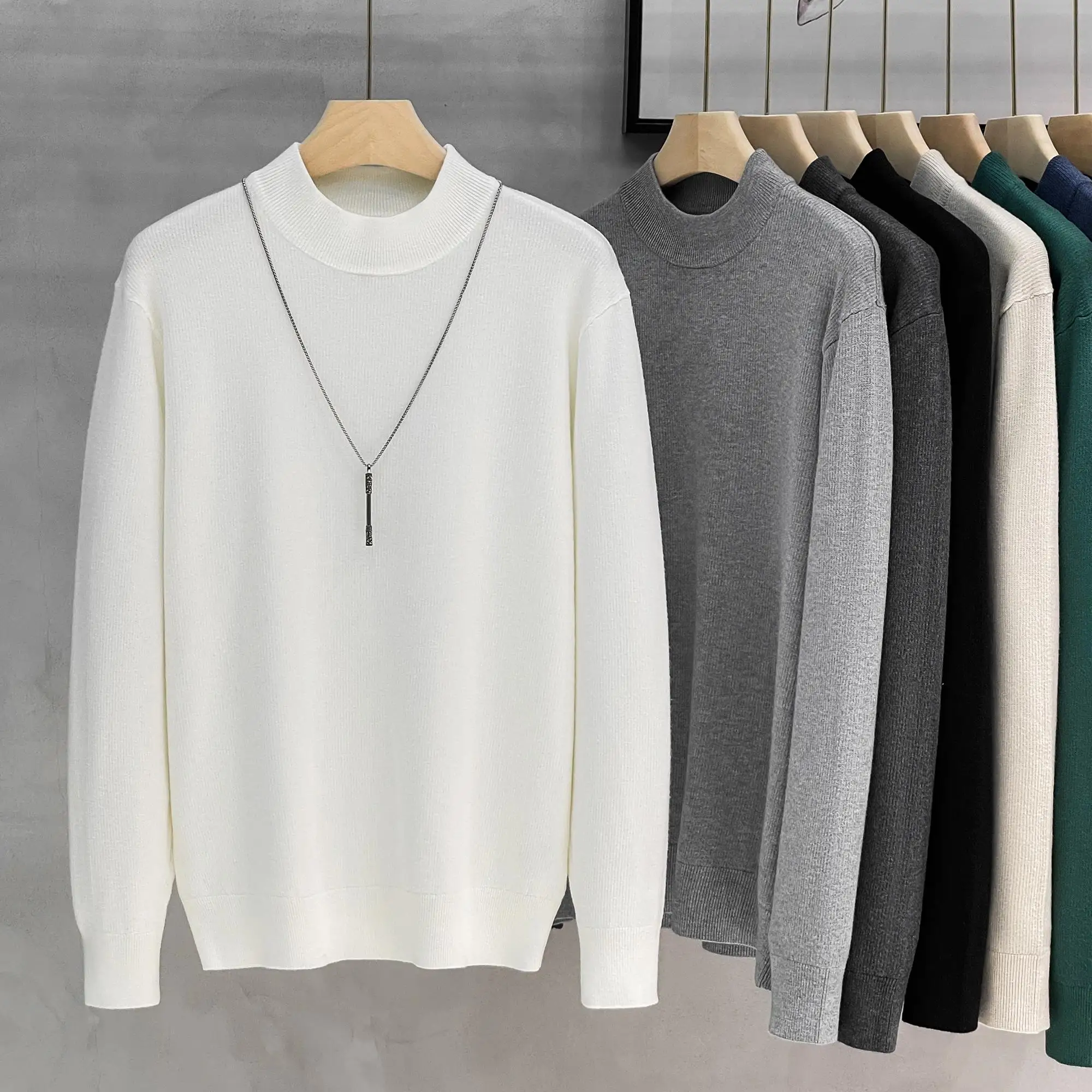 남성용 미드넥 니트웨어 슬림핏 두꺼운 가을 겨울 따뜻한 베이스 셔츠 이너웨어 하프 하이 칼라 스웨터 캐주얼 스타일