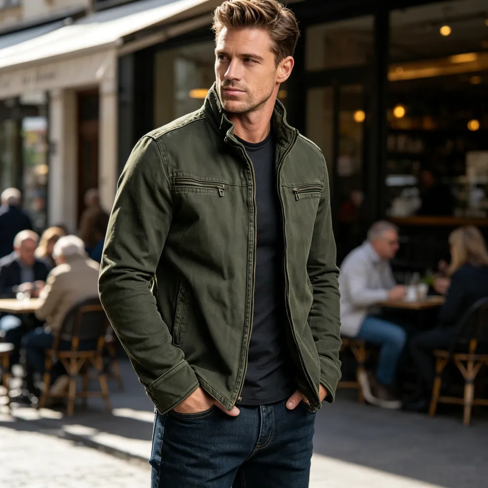 Men's Jacket Spring Autumn Vintage Jackets Stand Collar Tooling Jacket Casual Fashion Long Sleeve Zippers Moto Biker Outerwear
