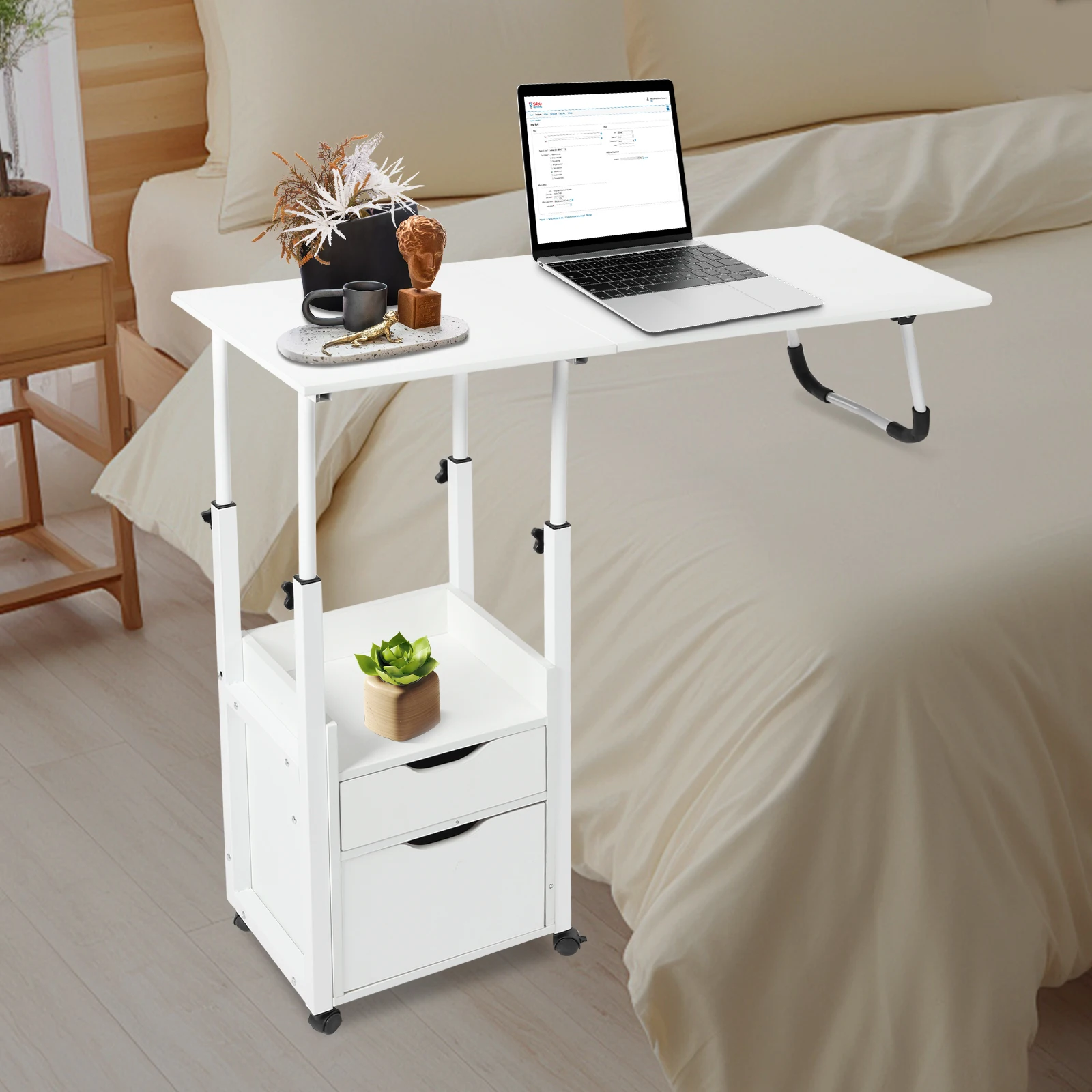 

Height Adjustable Overbed Table with Sturdy Iron Frame, Movable Wheels, Easy Assembly for Convenient Use