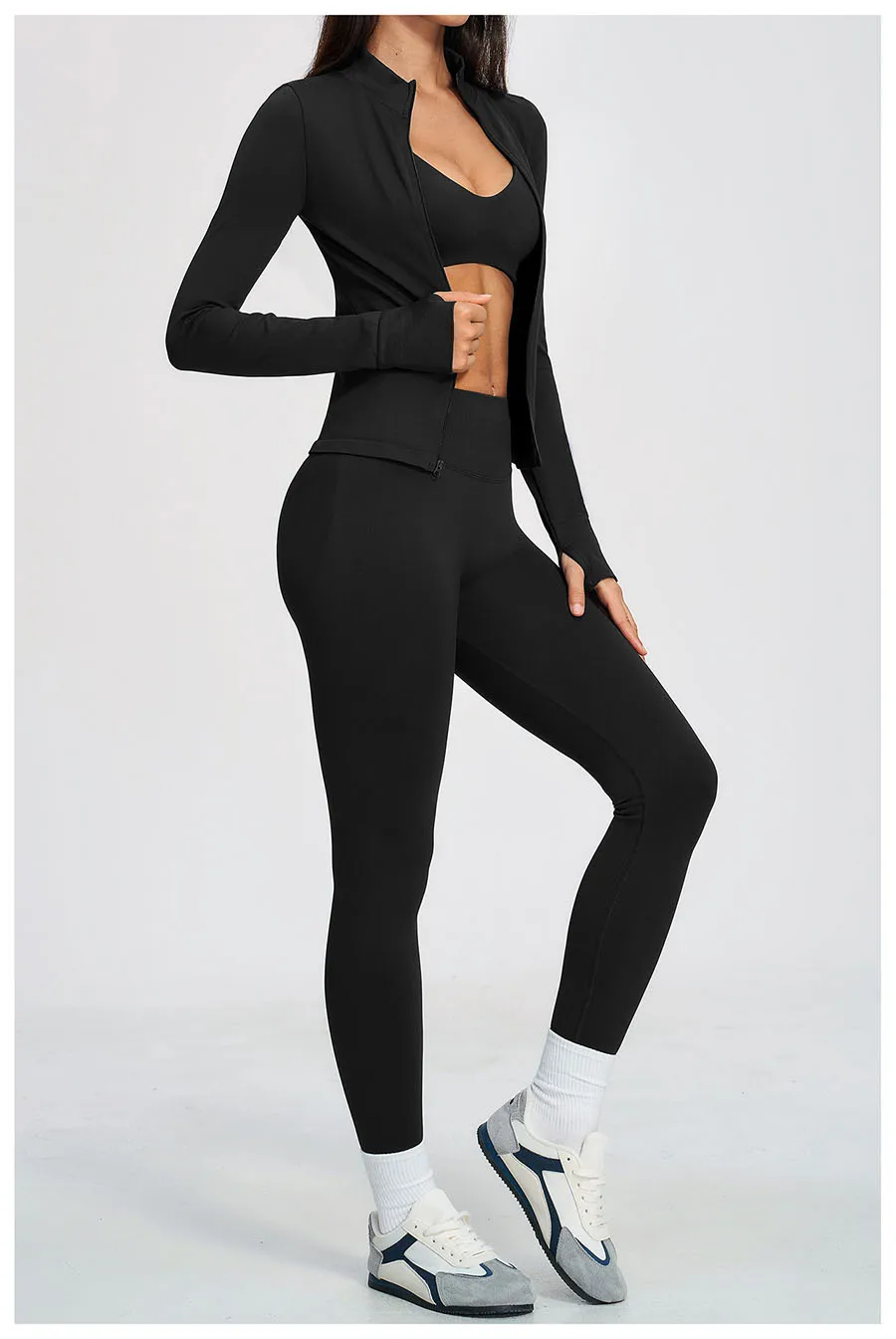 Nahtloses Yoga-Set 3-teilig, Sportbekleidung für Damen, Langarm-Trainingsanzug, Fitness-Set, Sport-BH, Leggings, Sportanzug – Detail 27