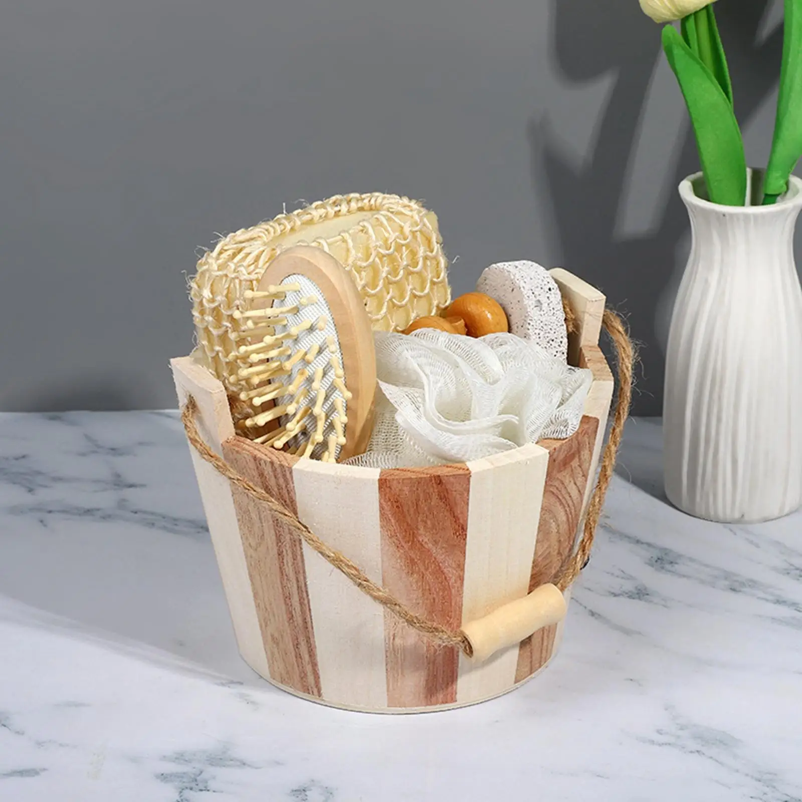 Body Brush Set Wooden Bucket Bath Shower Brush Scrubbing Tool Comb Pumice Stone Foot Scrubber for Girls Adults Boy Man Women