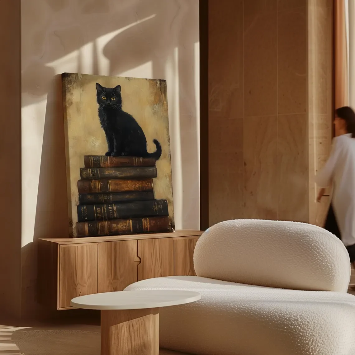 Black Cat on Vintage Book Stack Oil Painting - Gothic Dark Academia Canvas Wall Art for Book and Accent, Peaceful Bedroom Wall D