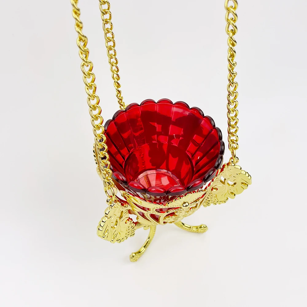 مصباح Vigil المعلق الأرثوذكسي | سبيكة مطلية بالذهب مع وعاء زجاجي أحمر بتصميم متقاطع وعنب لمذبح المنزل في الكنيسة #5