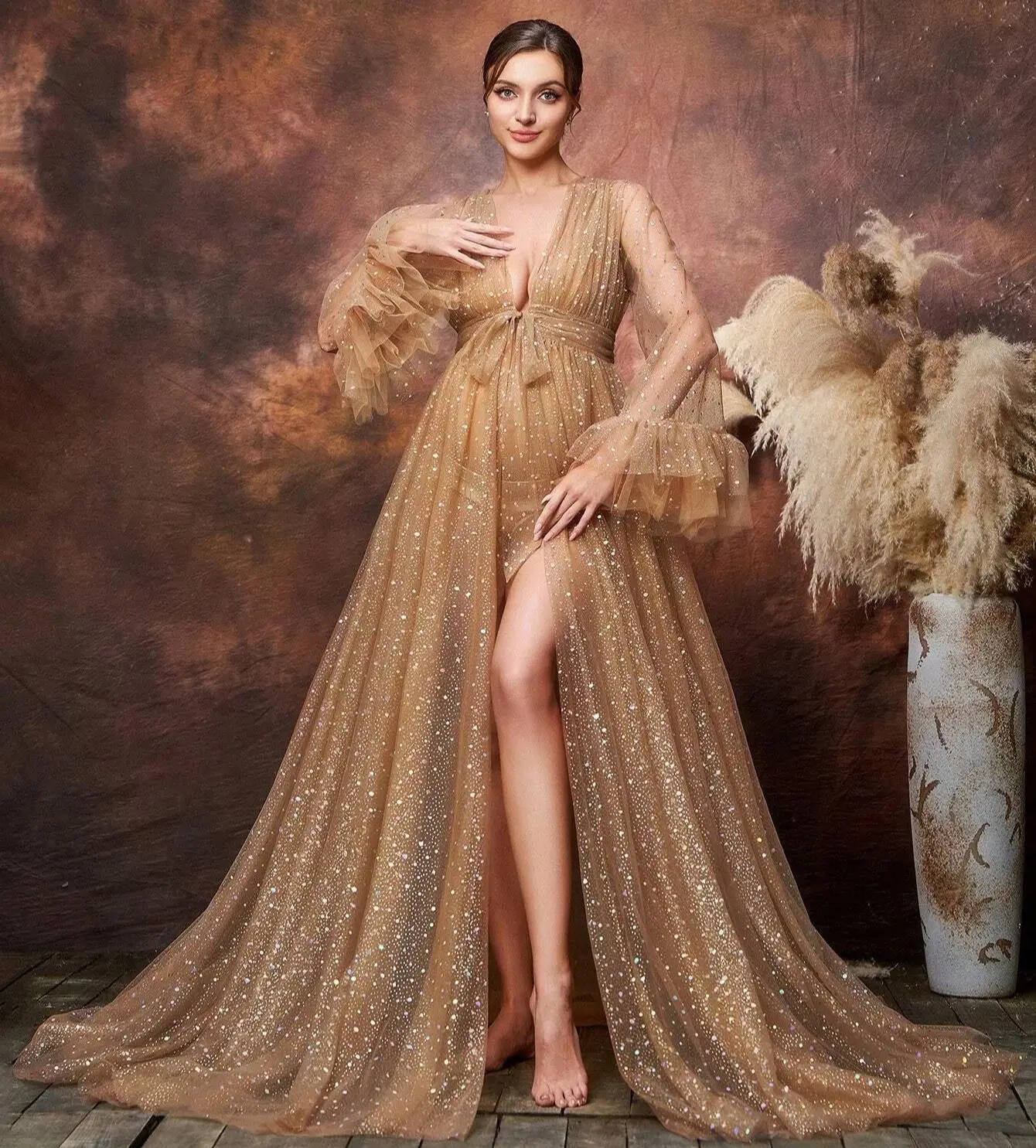 

Glitter Gold Maternity Gowns for Photography A Line Ruffles Long Sleeves Women Pregnancy Robes Floor Length Babyshower Dresses