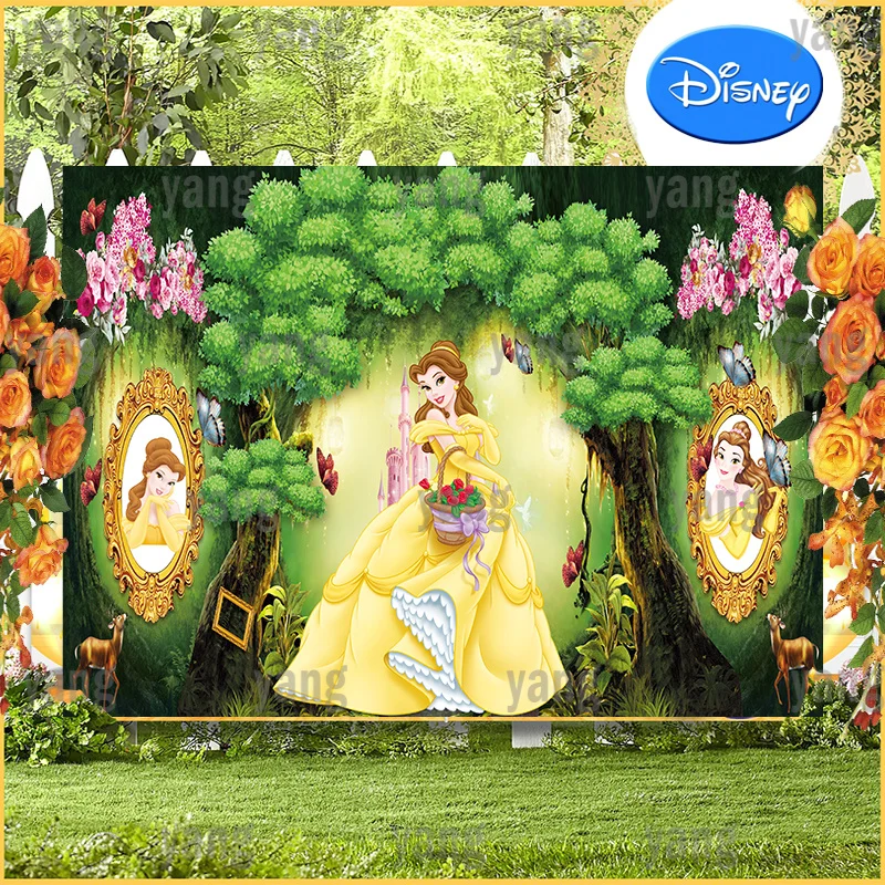 Disney Beauty and the Beast Cartoon Belle Princess Romantic Rose Birthday Party Green Forest Backdrop Photography Background