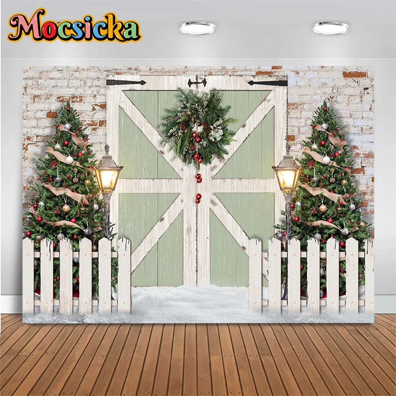 Mocsicka Winter Christmas Decoration Photography Background Xmas Tree Wooden Door Shine Light Wreath Gifts Photo Backdrop Props