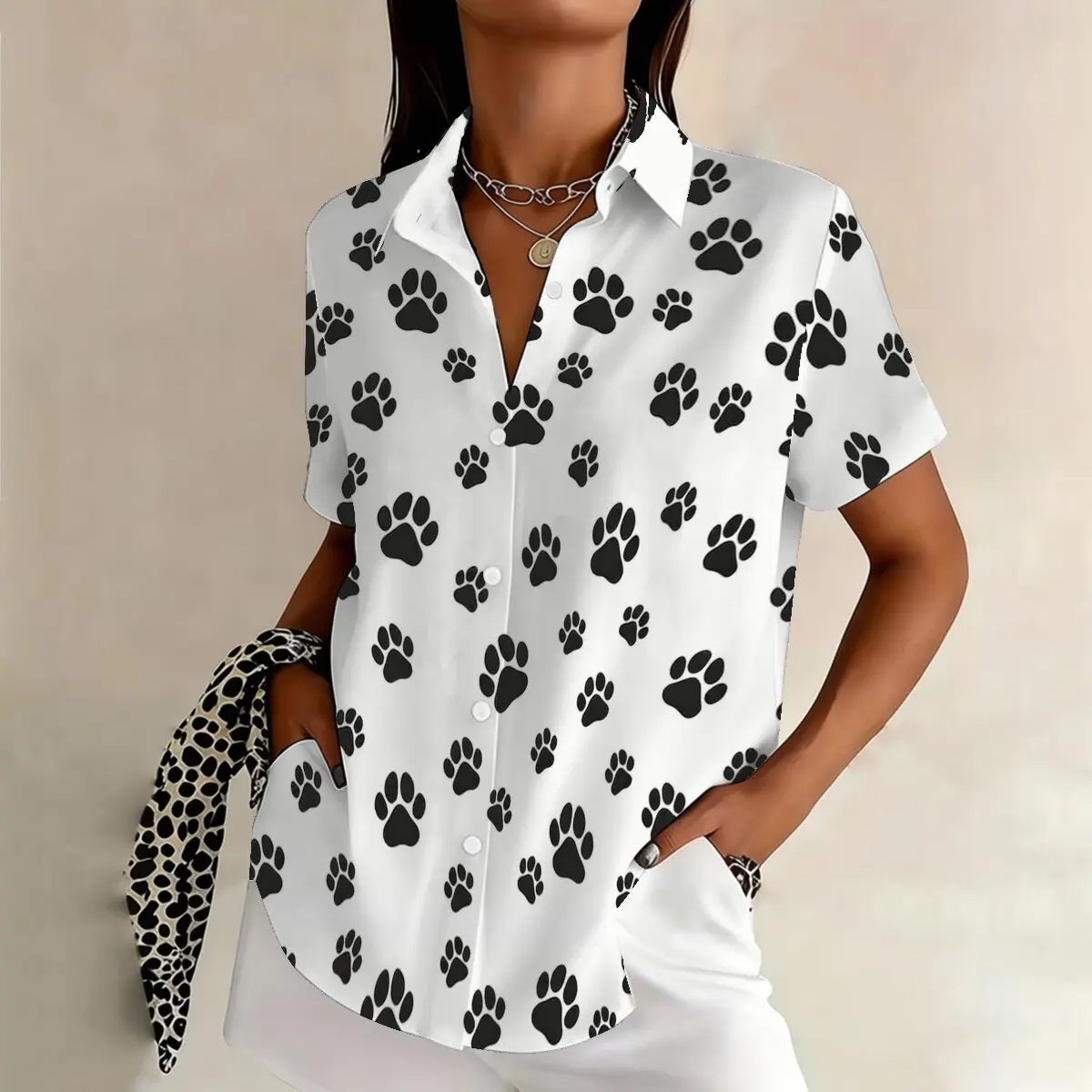 

sdgdhSimple and personalized cat paw print summer women's plus size lapel short sleeved shirt fashionable daily versatile top