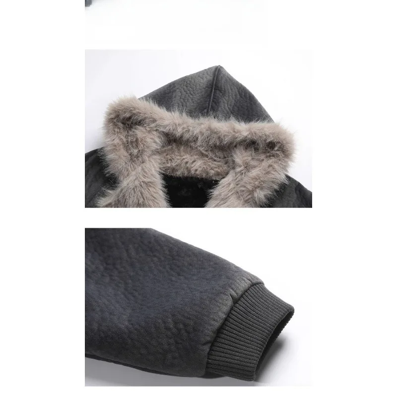 Herren Jacke Harajuku Winter Fleece Gefüttert Pelz Kragen Mit Kapuze Baumwolle Mantel Dicke Warme Lose Fit High-End Casual Streetwear Fashion
