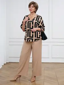Women's Geometric Print V-Neck Short Sleeve Top & Wide Leg Pants Set for Casual or Office Wear
