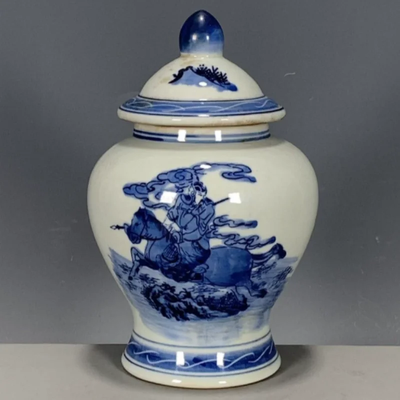 Antique ceramics Qing Qianlong blue and white figure patterns lid jar tea jar folk art collection modern exquisite crafts