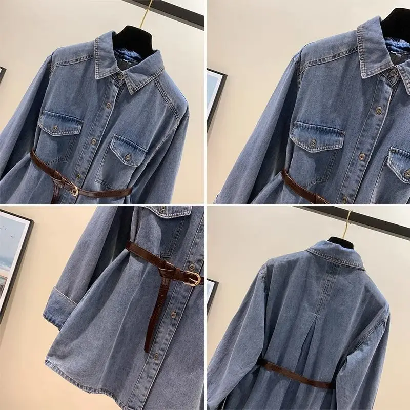 Nieuw lenteontwerp Lange mouw Middellange en lange losse top Shirtjas Temperament Woon-werkverkeer Conventionele jas Denim Retro overhemd