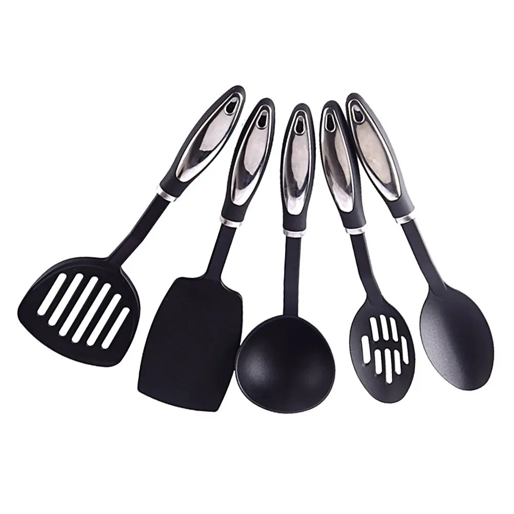 5Pcs Nylon Cooking Utensils Set Heat Resistant Non Stick Kitchen Tools Ergonomic Lightweight Dishwasher Safe Hanging Loop Design