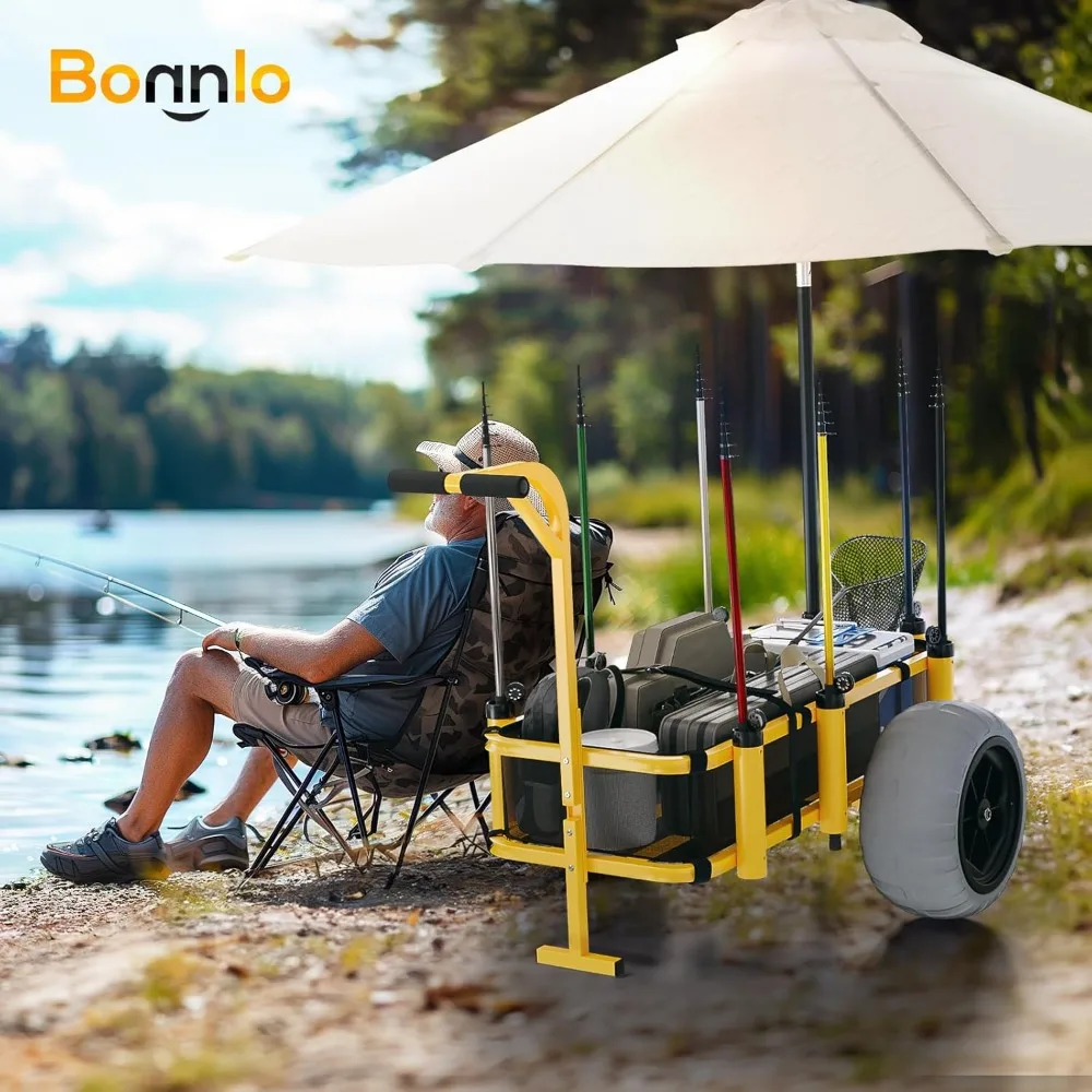 Carro de playa de pesca con 16 ruedas de globo grandes para arena, capacidad para 400 libras, 8 asientos de pesca, carro resistente