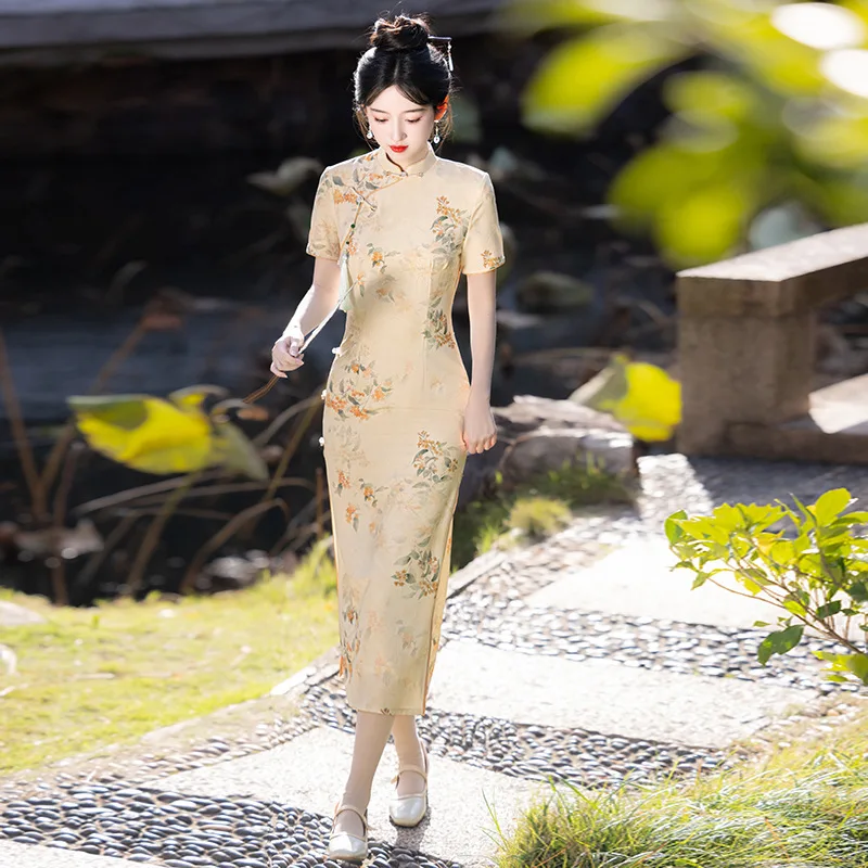 

Spring Summer New Double Layered Chinese Printed Traditional Chinese Style Improved Daily Cheongsam Traditional Chinese Dress