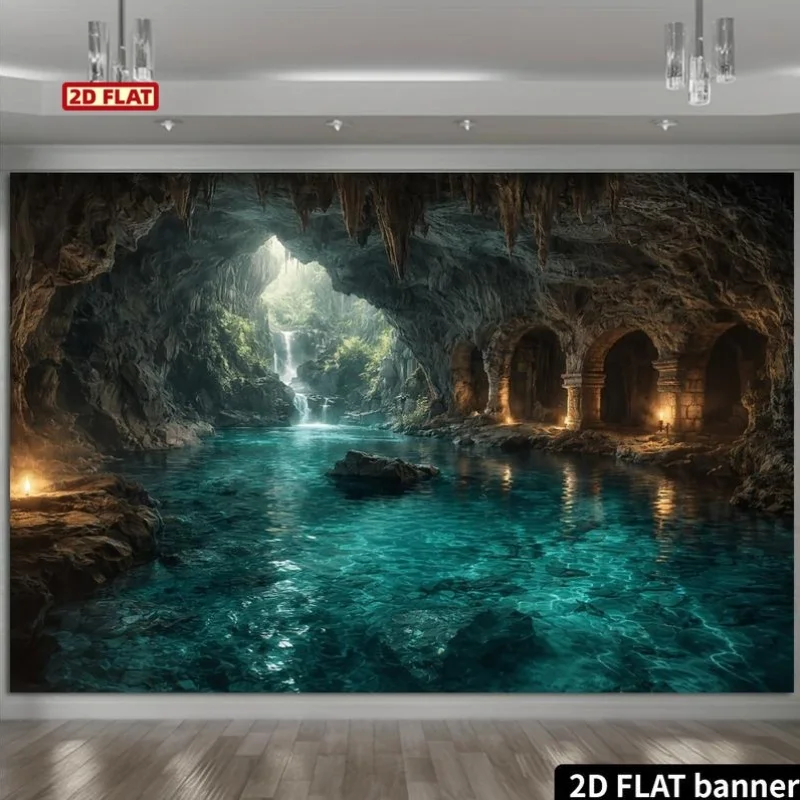 Mystical Underground Cavern Waterfall Scene Mural - Dramatic Cave Entrance with Flowing Water