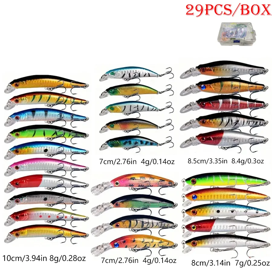 29pcs/box Hard Artificial Bait Kit Jerkbait Minnow Crankbaits Fishing Lures Set Wobblers For Bass Trout Salmon Crappie Walleye