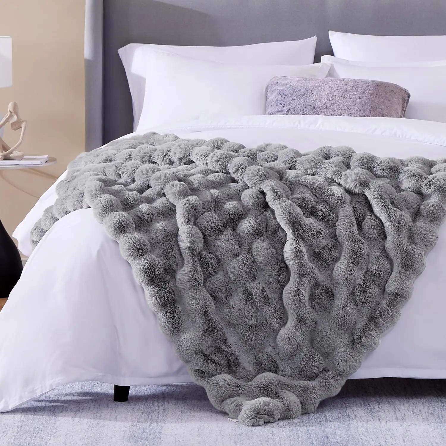 Luxury Soft Faux Rabbit Fur Twin Bed Throw Blanket, Decorative Cozy Plush Furry Fluffy Blanket, Solid Grey Comfy Fleece Fuzzy Bl