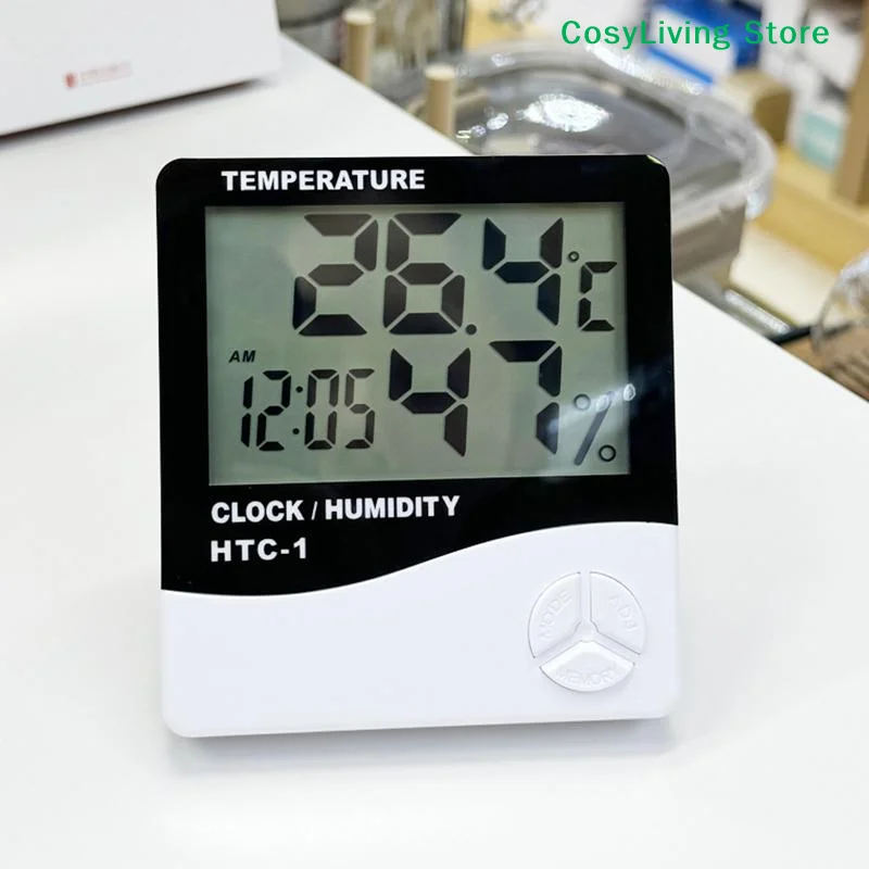 [CL]White Hygrometer Weather Station With Clock LCD Digital Temperature Humidity Meter HTC-1 Home Indoor Outdoor[CL]