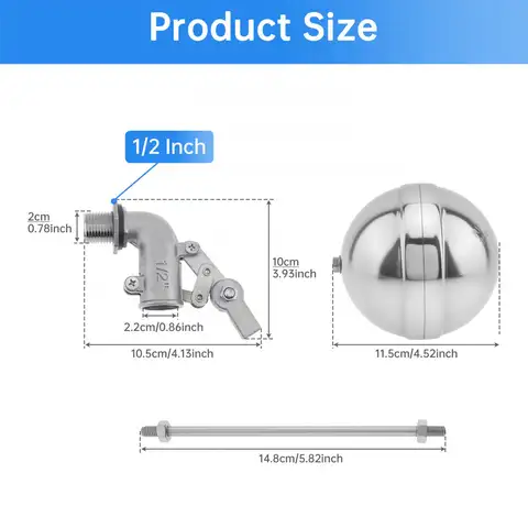 Valvola a galleggiante regolabile in acciaio inossidabile da 1/2 pollice per serbatoio dell'acqua Attrezzatura per bestiame Sfera galleggiante Controllo automatico del livello dell'acqua