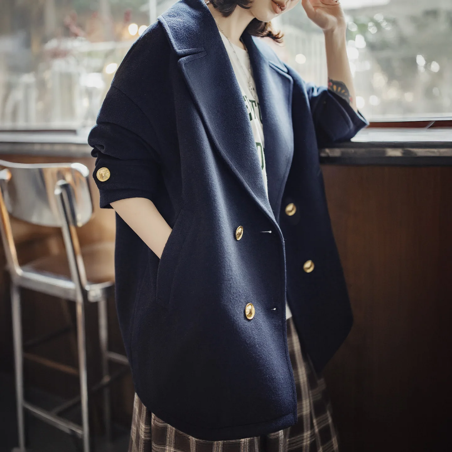 

Maden Women's Coat Mid-length Thickened Overcoat Double Breasted Lapel Jacket Warm Navy Blue Preppy Style Casual Outerwear