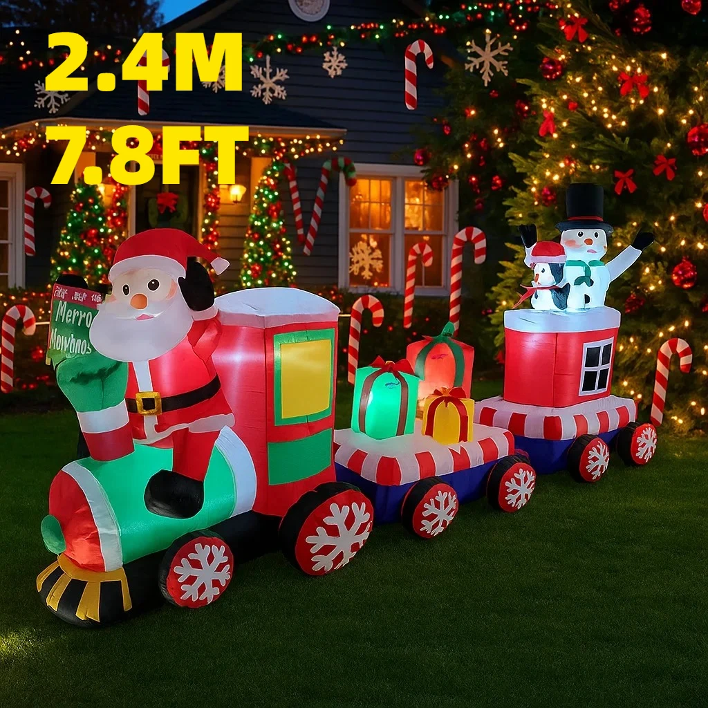 2.4M/7.8FT Inflatable Santa Train Snowman with Gifts Light LED Home Decor Toy Yard Xmas Holiday Decor Supplies Outdoor Lawn Yard