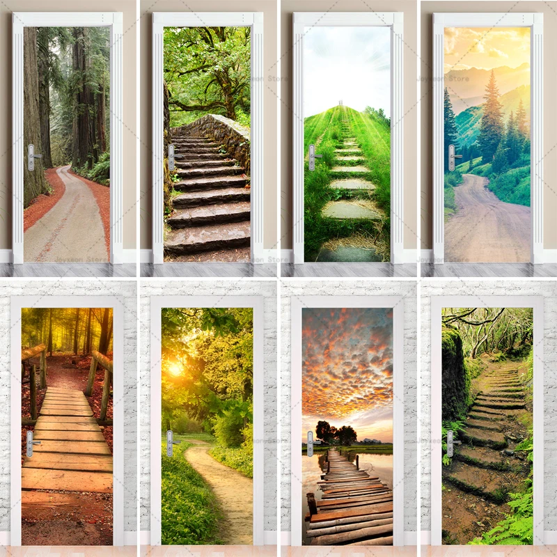 

3D Forest Trail Door Sticker PVC Frosted Film Removable Self-Adhesive Mural Room Decoration Poster