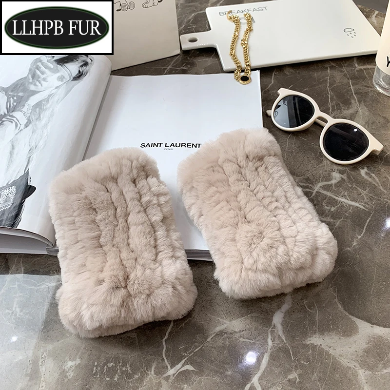 Winter Warm Women 100% Real Genuine Knitted Rex Rabbit Fur Mittens New Lady Real Fur Fingerless Gloves Handmade Knit Fur Mitten