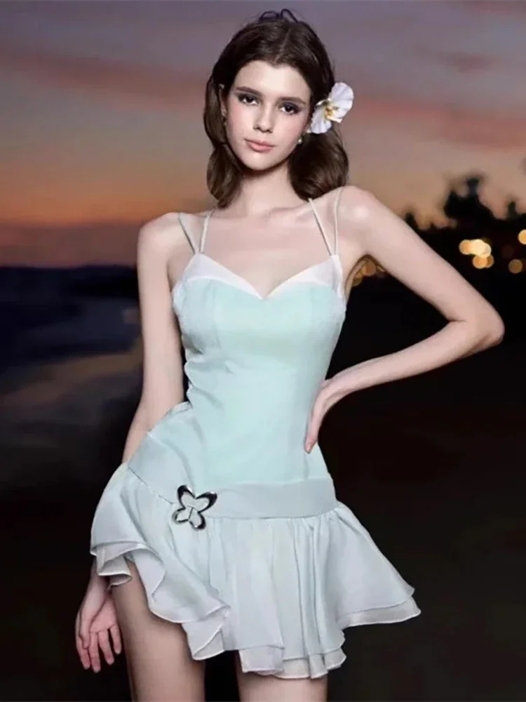 

Sexy Spaghetti Strap Contrast Color A-line Dress Women Mint Sleeveless Metal Buckle Mini Dresses Evening Party Cocktail Gowns