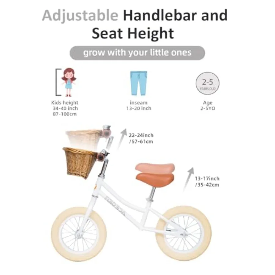 12" Balance Bike with Basket No Pedal Toddler Bicycle for Early Learning Leg Strength and Steady Balancing Durable FrameandTool